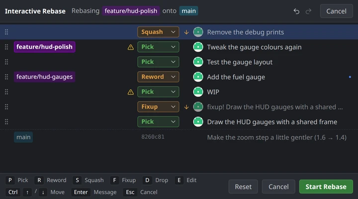 Interactive rebase of a two-branch stack: a commit squashed, a fixup moved under its commit, a typo reworded, and a predicted conflict